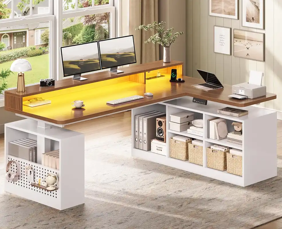 L Shaped Electric Standing Desk, 63 inch Gaming Computer Desk with Storage Shelves and LED Lights
