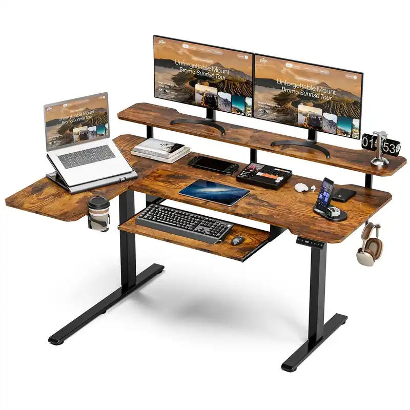 59 Inch L Shaped Standing Desk with Shelves and Keyboard, Electric Corner Standing Desk Adjustable Height