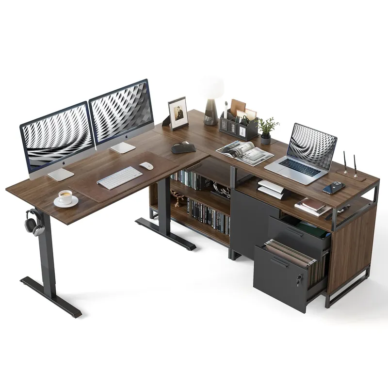 66 Inch L Shaped Standing Desk with Drawers & Shelves, Executive Table Adjustable Height