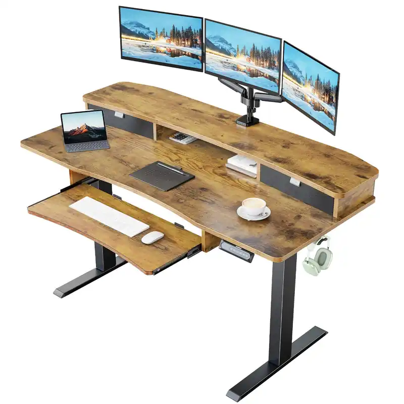 55" x 26" Electric Standing Desk with 2 Drawers & 26.7" Large Keyboard Tray, C-Clamp Mount Compatible