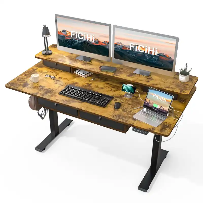 Adjustable Height Standing Desk with 4 Drawers,63 x 30 inches Electric Sit Stand Home Office Desk with Two Tiers
