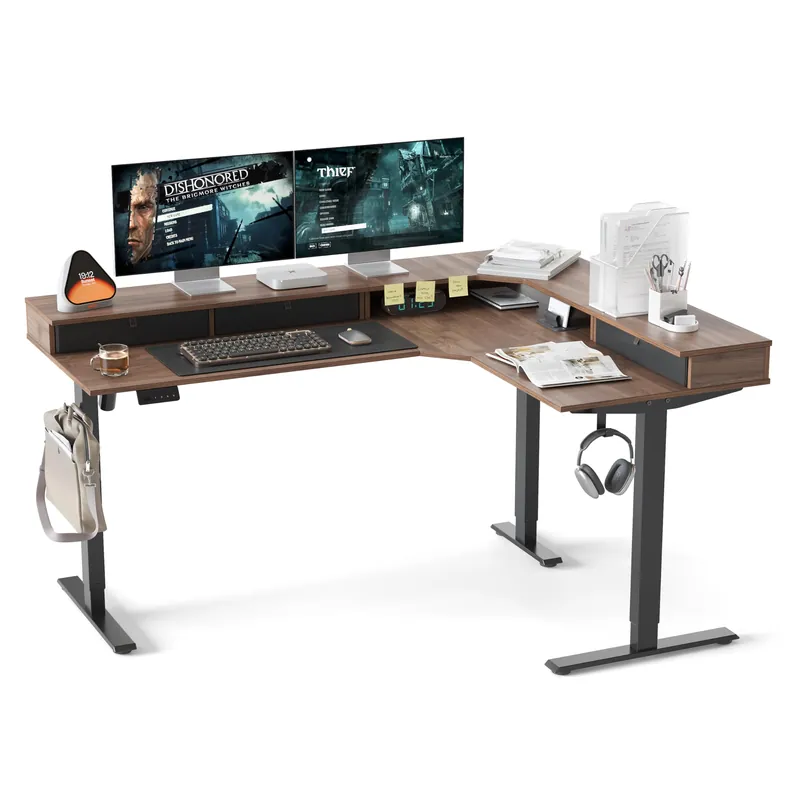 L Shaped Standing Desk with Drawers 63 x 48 Inch Adjustable Height, Electric Corner Desk with Storage
