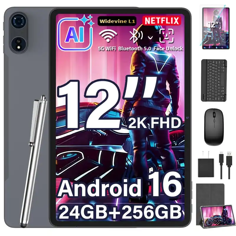12 Inch Tablet, Android 16 Tablet with Keyboard Bundle, 24GB+256GB+2TB Expand