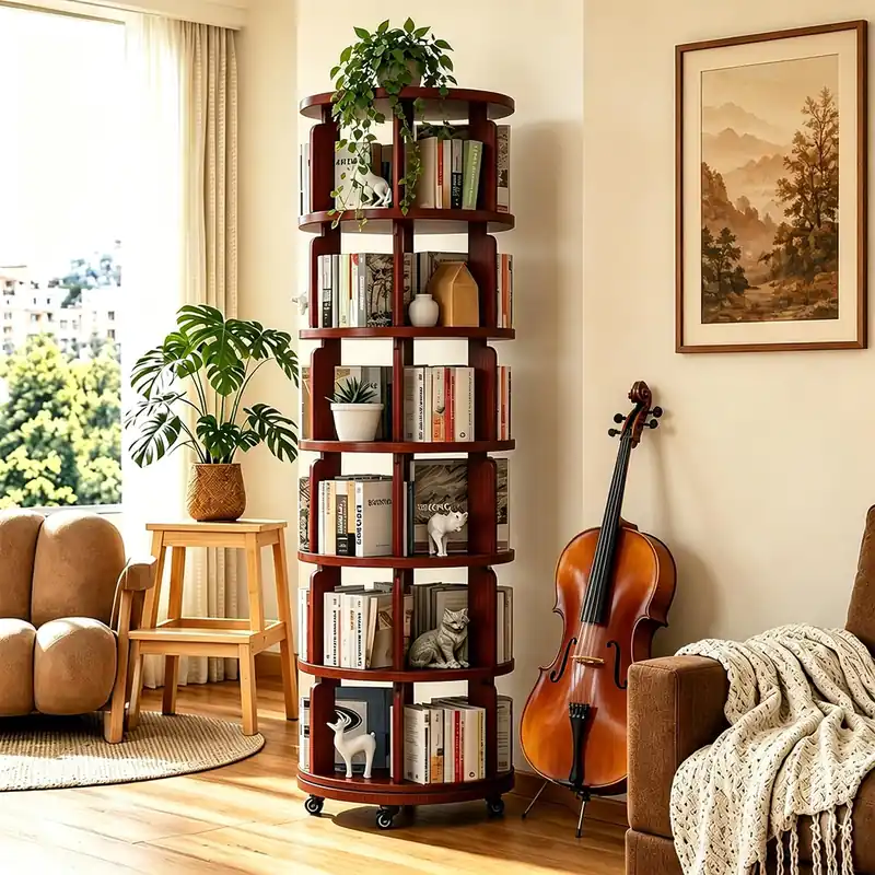 6 Tier 360° Rotating Solid Wood Bookshelf with Wheels, Lazy Susan Circular Spinning Revolving Corner Bookcase