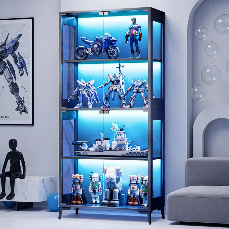 Glass Display Cabinet with Doors, 4-Tier Display Case with Adjustable Shelves