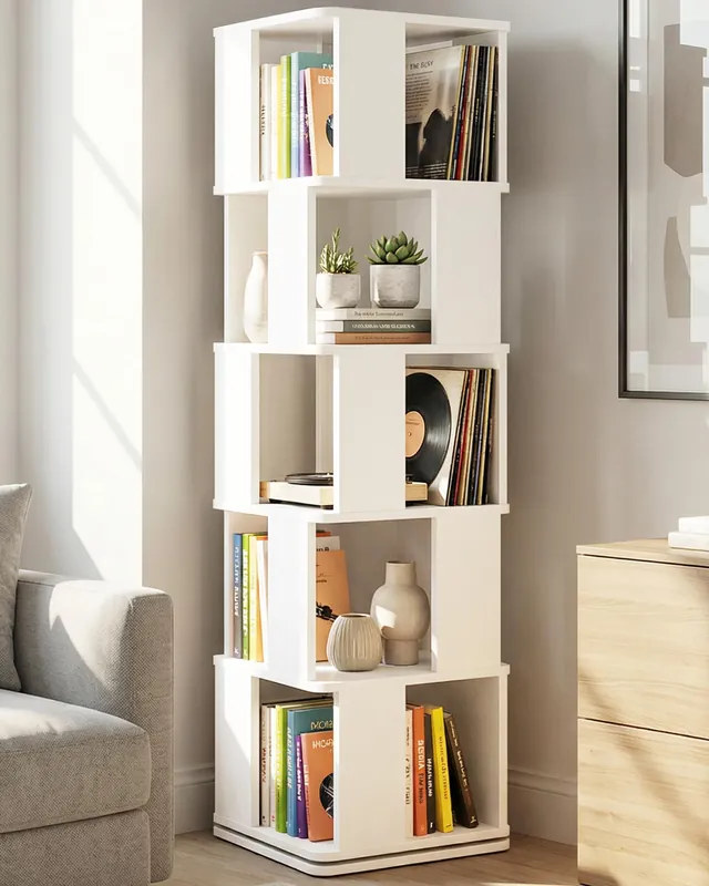 5-Tier Rotating Bookshelf Tower, 360° Spinning Modern Book Storage Bookcase