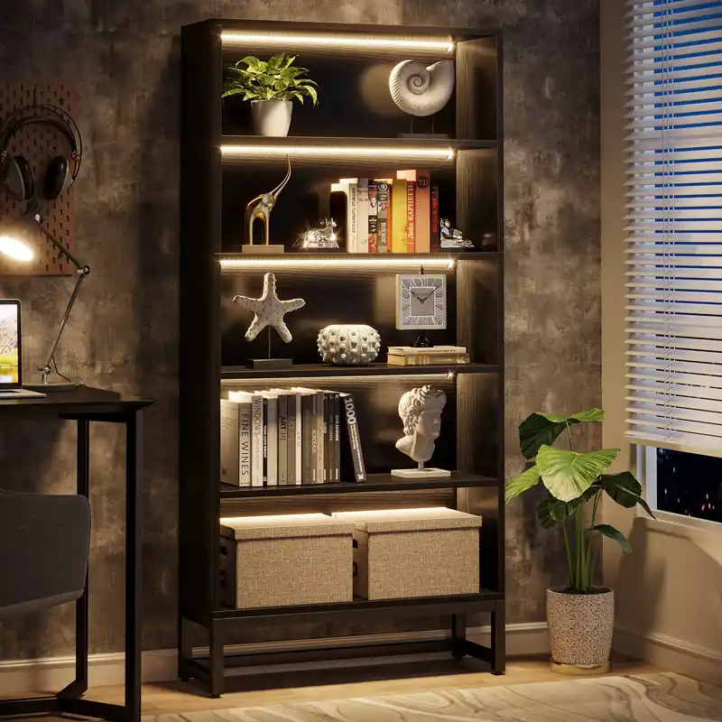 Tribesigns Tall Bookcase Black Bookshelf, 70.8” Large Bookcases Organizer with LED Lights