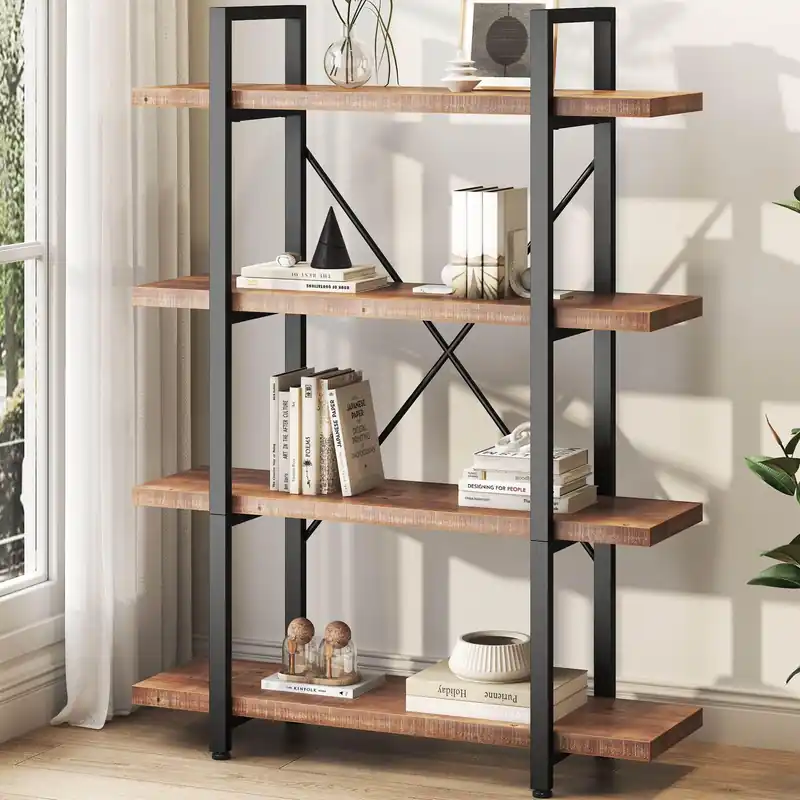 4 Tier Solid Wood Bookcase, Real Natural 4 Shelf Rustic Wooden and Metal Bookshelf