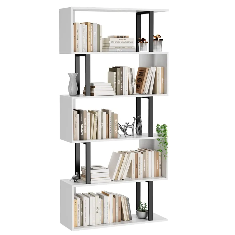 5 Tier Geometric Bookcase,S Shaped Bookshelf, Wood Decorative Storage Shelving, Modern Freestanding Display Shelves
