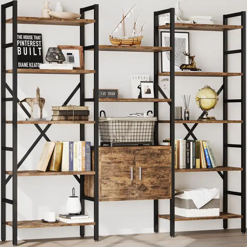 Triple 5 Tier Book Shelf, Industrial Large Bookcase with Storage Cabinet, Tall Bookshelf with 14 Open Display Shelves Metal Frame