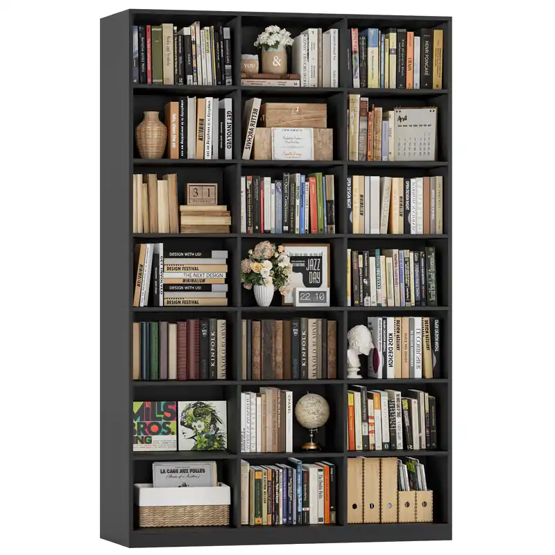 H Triple Wide Bookshelf and Bookcase, 7 Tier Tall Bookshelf with Storage, Large Bookcase with 21 Open Display Storage Shelves, Wood Book Shelf