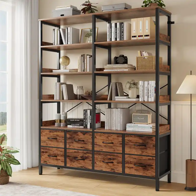 Bookshelf with 8 Fabric Drawers, 7-Tier Bookcase with Baffles Display Shelves, Industrial Large Book Shelf for Living Room Home Office