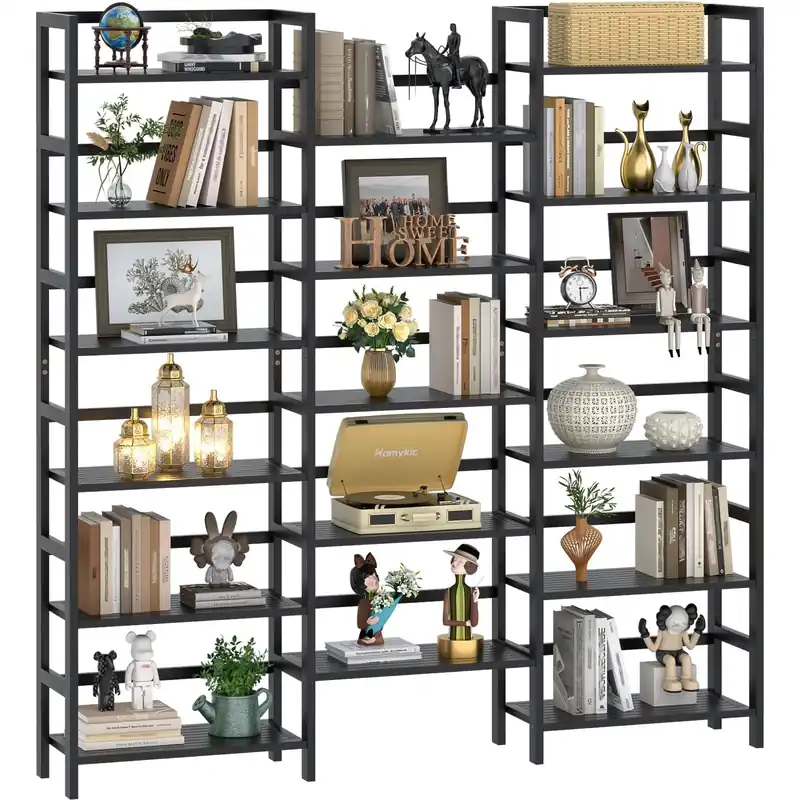 Bamboo Bookshelf, 71” Tall Triple Wide Bookcase with 17 Open Storage Shelves, 6-Tier Etagere with Back Rails, Large Display Shelf for Books