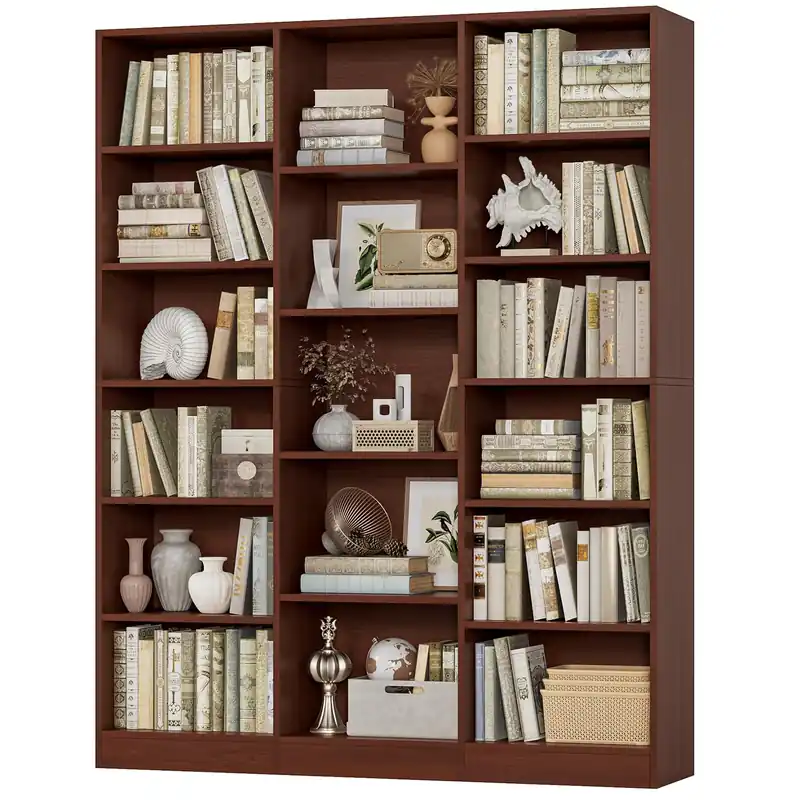 FACBOTALL Triple Wide Bookshelf, 6 Tier Large Bookshelf, Bookcase with 17 Open Display Shelves, 74‘‘ Tall Bookcases and Bookshelves for Living Room, Home Office, Library, Cherry