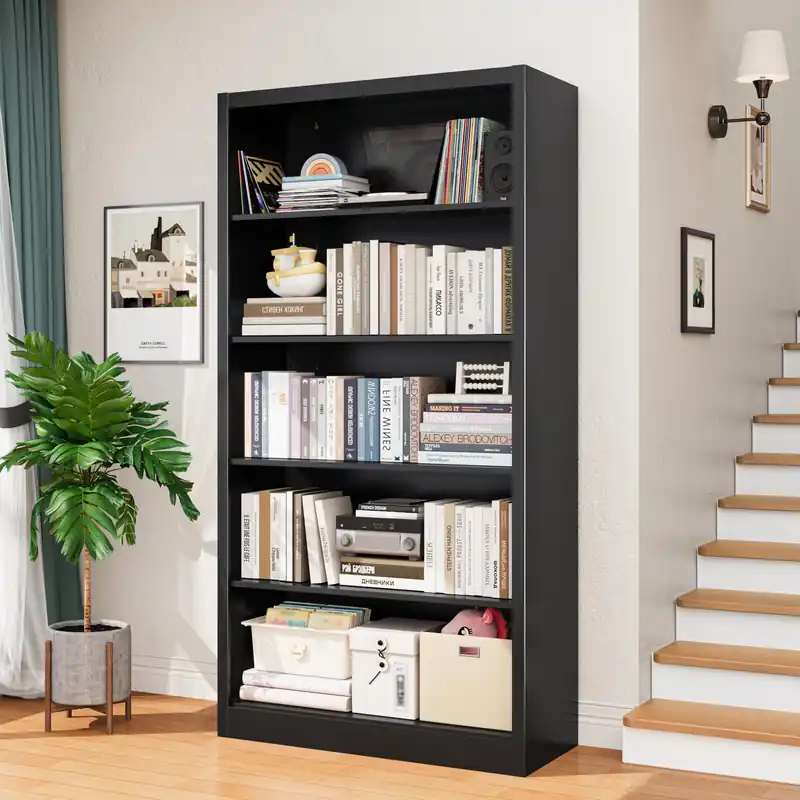 66 in Black Heavy Duty Metal Bookshelf, 5-Tier Adjustable Tall Bookcase