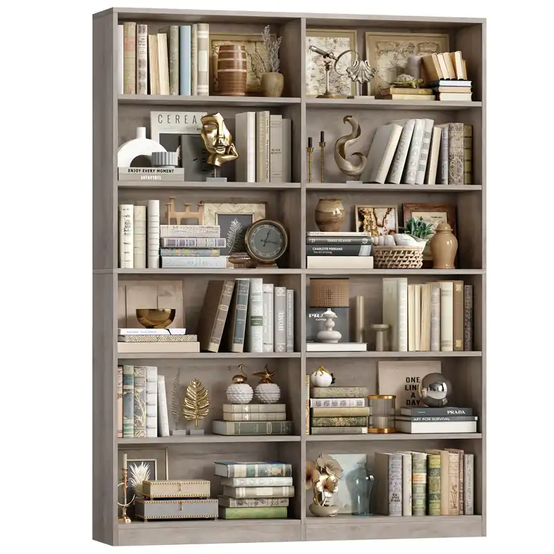 Bookshelf and Bookcase, 6-Tier Double Wide Bookshelves, Freestanding Display Storage Shelves