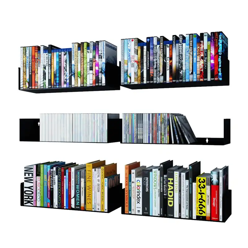 Wallniture Bali Black U Shape Floating Shelves for Wall, CD DVD Storage Shelves