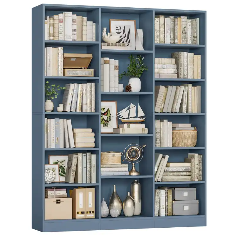 Triple Wide Bookshelf, 6 Tier Large Bookshelf, Bookcase with 17 Open Display Shelves