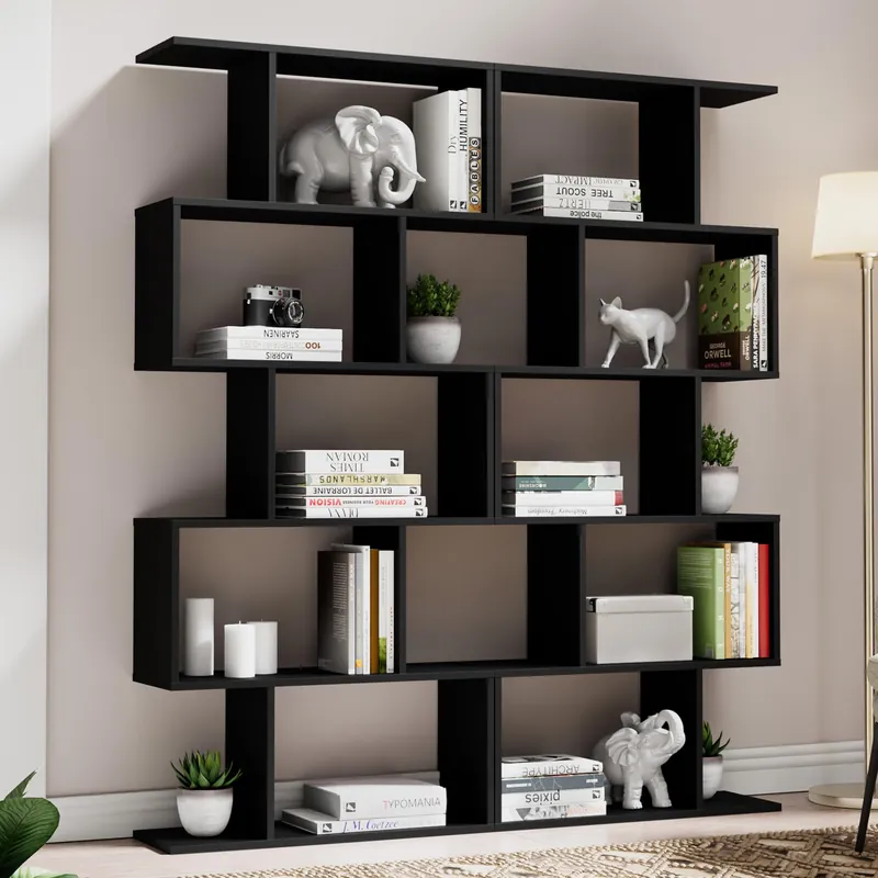 Set of 2 Geometric Bookcase, S-Shaped Modern Bookshelf, Room Divider Bookshelf