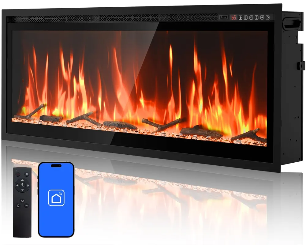 Smart Electric Fireplace, 50’‘with WiFi App & Alexa Control, Recessed/Wall Mounted/Freestanding,Ultra Thin Linear Fireplace, 13 Flames & Crackling Sound, 1500W Heater with Timer & Overheat Protection
