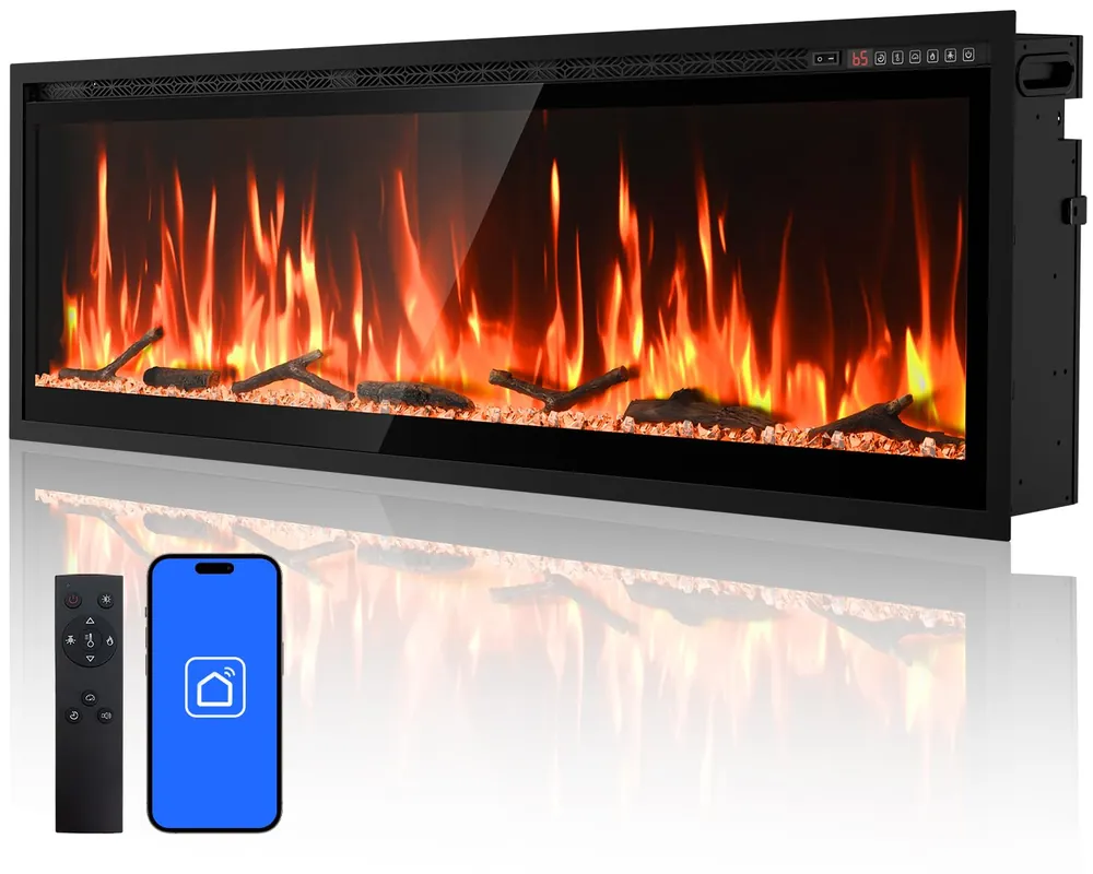 60” Smart Electric Fireplace with Voice Control, Realistic Flame, Crackling Sound, Wall Mounted or Recessed Fireplace Insert, App/Remote Control, Logs & Crystals Included for Living Room, Bedroom