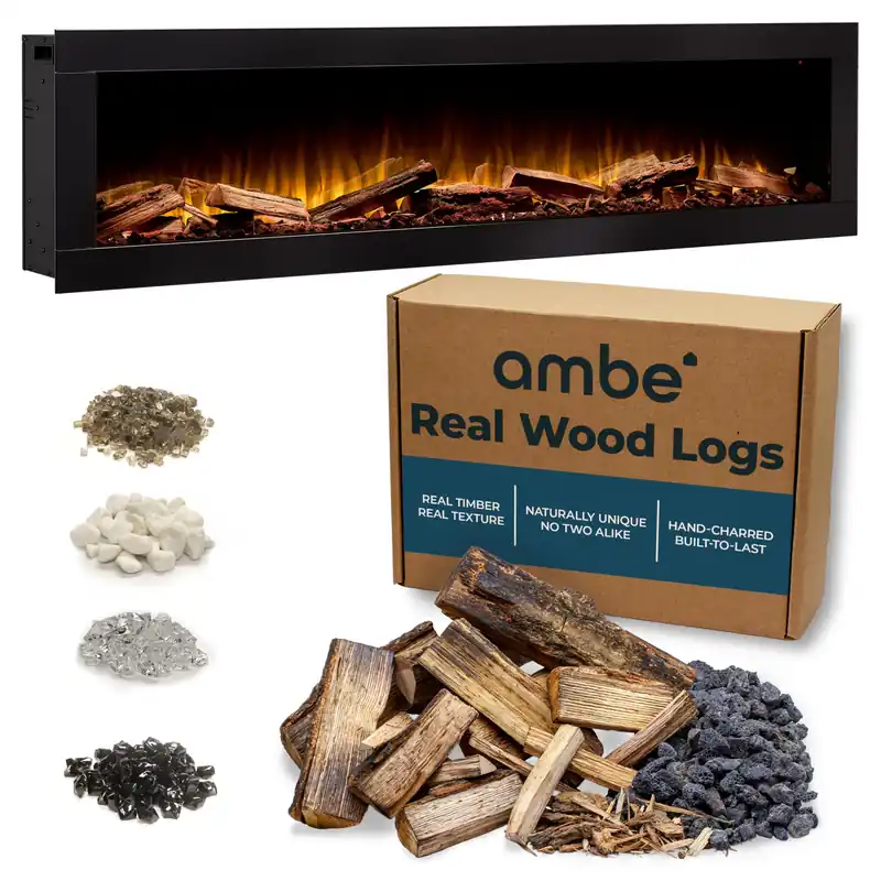 Ambe Linear 72" Electric Fireplace with Real Wood Hidden Vent Design Midwest Hardwood Log Set Recessed or Built-in Deep Realistic Ember Bed Fireplace Insert Heater Trim or Frameless