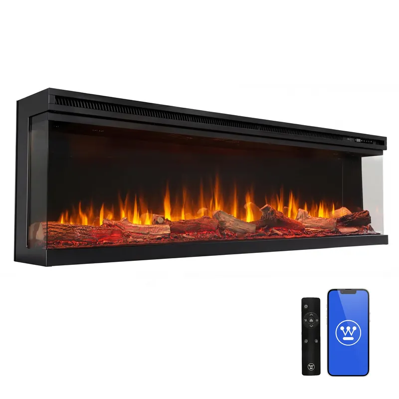 Westinghouse 60inch 3-Sided Electric Fireplace, Realistic Flame&Log Set, Compatible with Alexa & Google Home, Wall Mount or Recessed, 24 Hour Timer, Color Changing Flames, 750W/1500W Indoor Heater