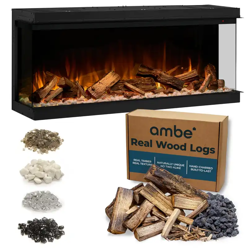 Ambe Multi49 Electric Fireplace with Real Wood Multi-Sided Built-in Linear Fireplace 1, 2 or 3-Sided View Hidden Vent Design Deep Ember Bed 3-Sided Glass Realistic Flame