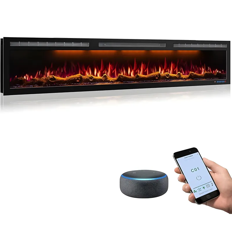 88" Electric Fireplace, Recessed/in-Wall or Wall Mounted, 80-90" Linear, Ultra-Narrow Frame, WiFi App + Alexa, 6 Flame & 13 Ember Colors, Log & Crystal Media, 1500W Heater
