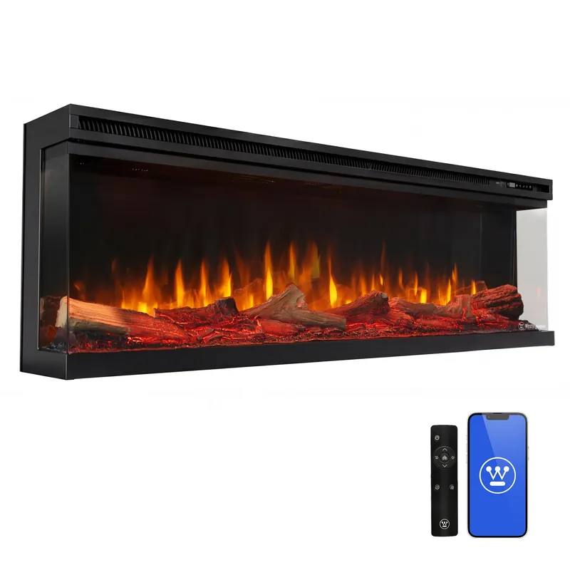 Westinghouse 50inch 3-Sided Electric Fireplace, Realistic Flame&Log Set, Compatible with Alexa & Google Home, Wall Mount or Recessed, 24 Hour Timer, Color Changing Flames, 750W/1500W Indoor Heater