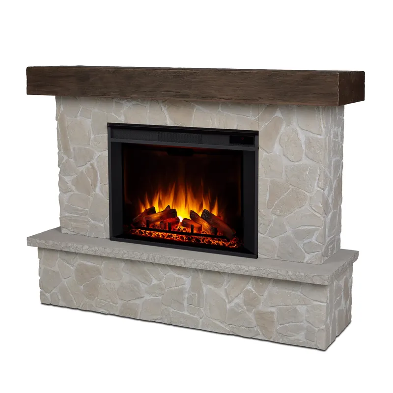 Real Flame Odette 64" Grand Electric Fireplace, Natural Look of Stacked Stone, Replaceable Fireplace Insert Heater, Realistic Log and Flame Effect, Remote Control, Timer (Natural Stone)