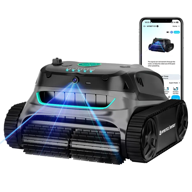 WYBOT S2 Vision AI Camera Cordless Pool Cleaners for Inground Pools, 8-in-1 Pool Vacuum Robot, Brushless Motor Powerful Suction, Wall Climbing, Horizontal Waterline Scrubbing (Grey Green)