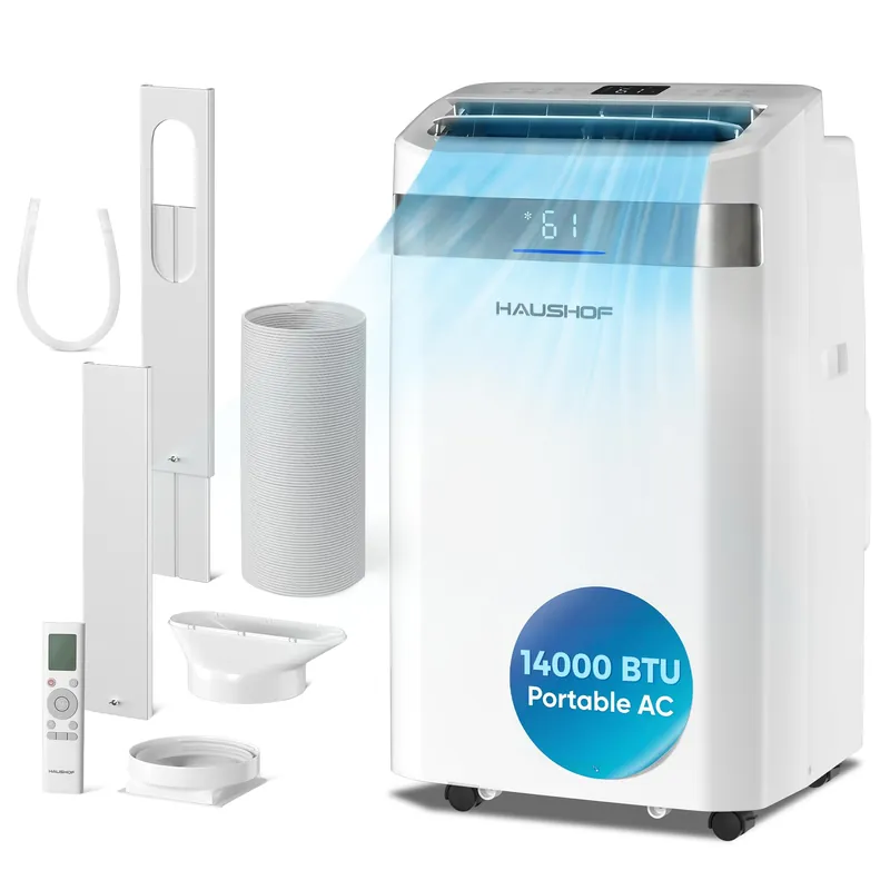 HAUSHOF 14000 BTU Portable Air Conditioners, Portable AC with Cool, Fan, Dry & Sleep Mode, AC Unit Portable with 35°-70° Auto Swing, Remote Control,24H Timer, Window Kit & Exhaust Hose Sleeve Included