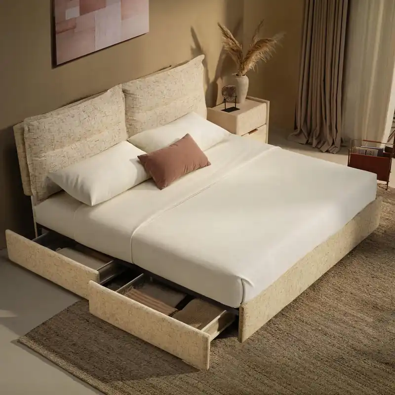 ModernMate King Size Bed Frame with 4 Storage Drawers & Headboard with Dual Cushions, Freya Collection Upholstered Platform Bed, Oeko-TEX, Noise-Free, No Box Spring, Sandstone Beige