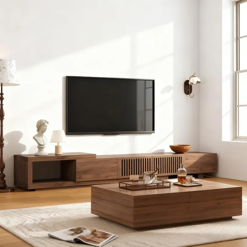 gaoyangjiaju Mid-Century Modern Expandable Coffee Table & TV Stand Set, Walnut Finish – Elegant Storage Combo for Living Room, Bedroom, or Lounge (78.54“ to 103" TV Stand+Coffee Table)