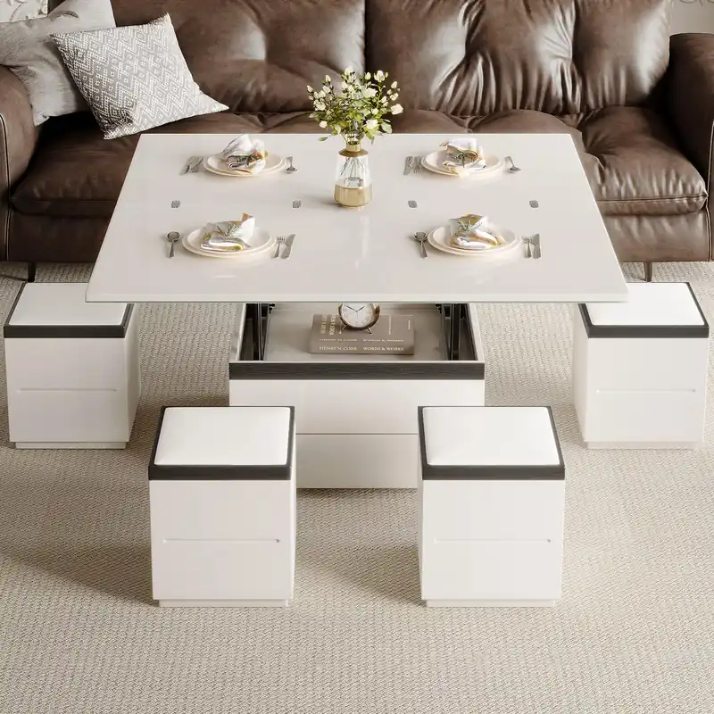 TreLined Lift Top Coffee Table with 4 Storage Stools, Rising Tabletop Center Tables, Expandable Dining Tables with Compartment and Drawer, Modern Office Desk End Table, White, 47.24" L