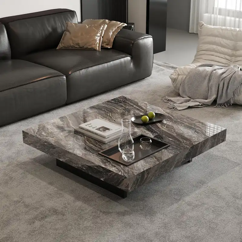 43.3" Square Coffee Table for Living Room - Modern Gray Sintered Stone Coffee Table with Black Carbon Steel Base, 150lbs Capacity - for Home, Lounge, Office