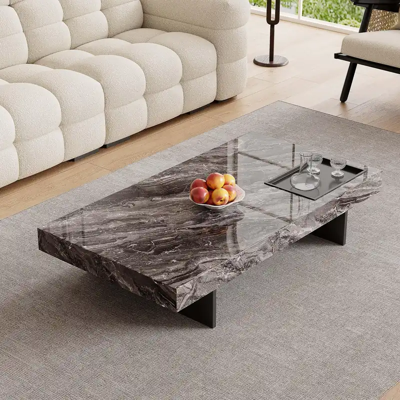 51.18" Rectangle Marble Coffee Table - Modern Gray Sintered Stone Top with Black Metal Base, Large Living Room Center Table for Contemporary & Industrial Decor (Black)
