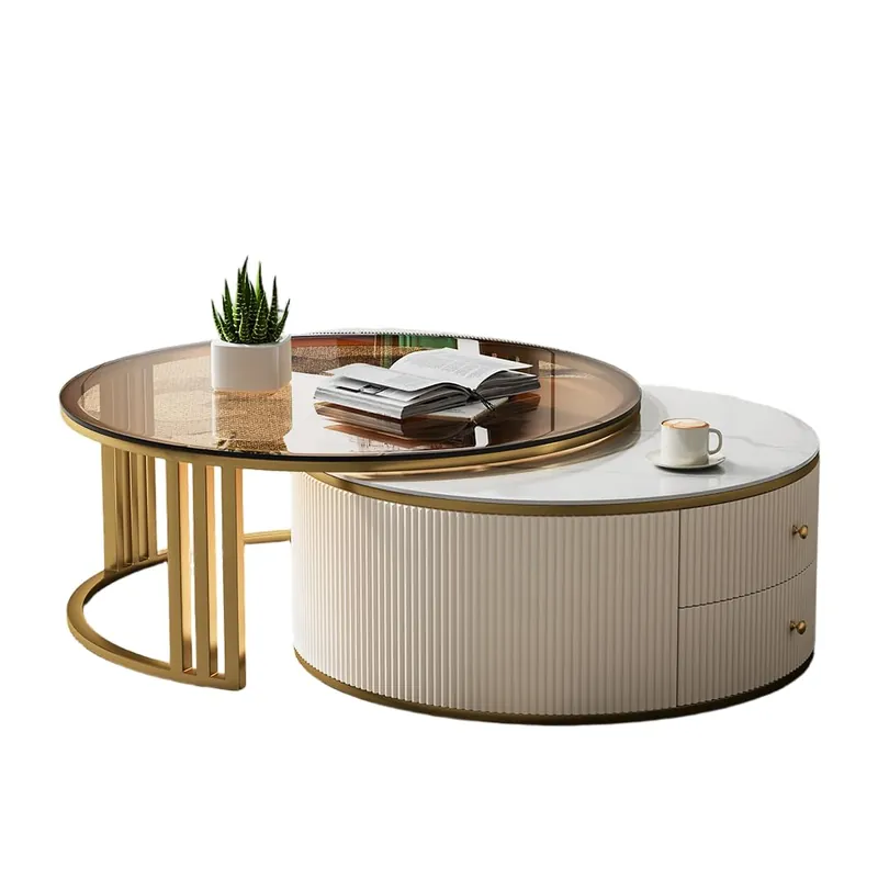 homary Round Nesting Coffee Table, 28”-32” Rotating Coffee Tables with Heat-Resistant Sintered Stone & Tempered Glass Top, Gold Frame for Modern Living Room (Glossy Ivory)