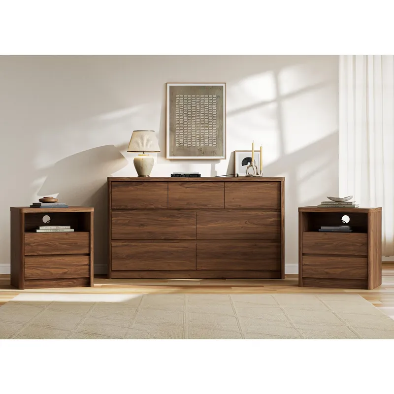 Now Mais 3 Pieces Bedroom Set, 55 Inch Width 7-Drawer Dresser & 2-Drawer Nightstands Set of 2,Nightstand with USB Nightstand with USB&Type C Charging Station&Outlets,Modern Design for Bedroom, Walnut