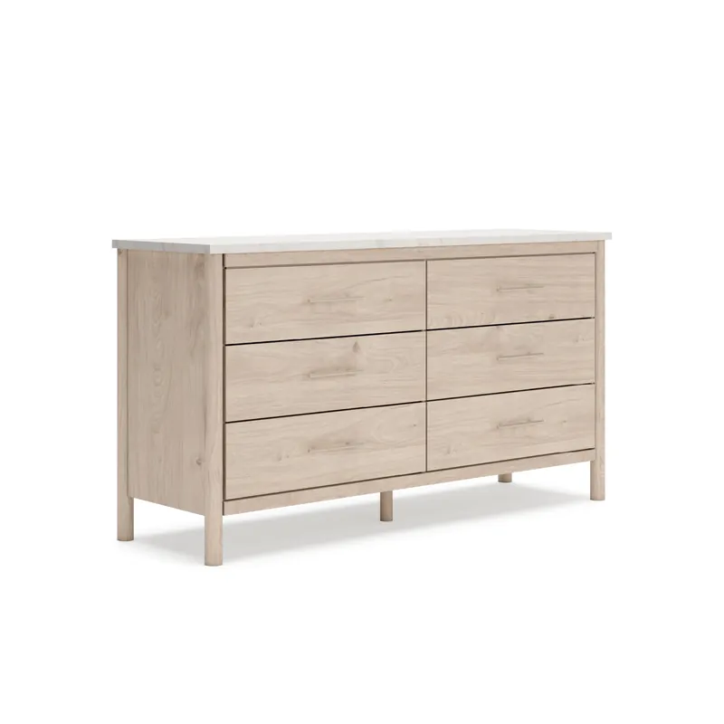 Signature Design by Ashley Cadmori Casual Bohemian Dresser with Post Legs and 6 Drawers, Replicated Marble Top, Wood, 35" High, White and Light Brown Finish
