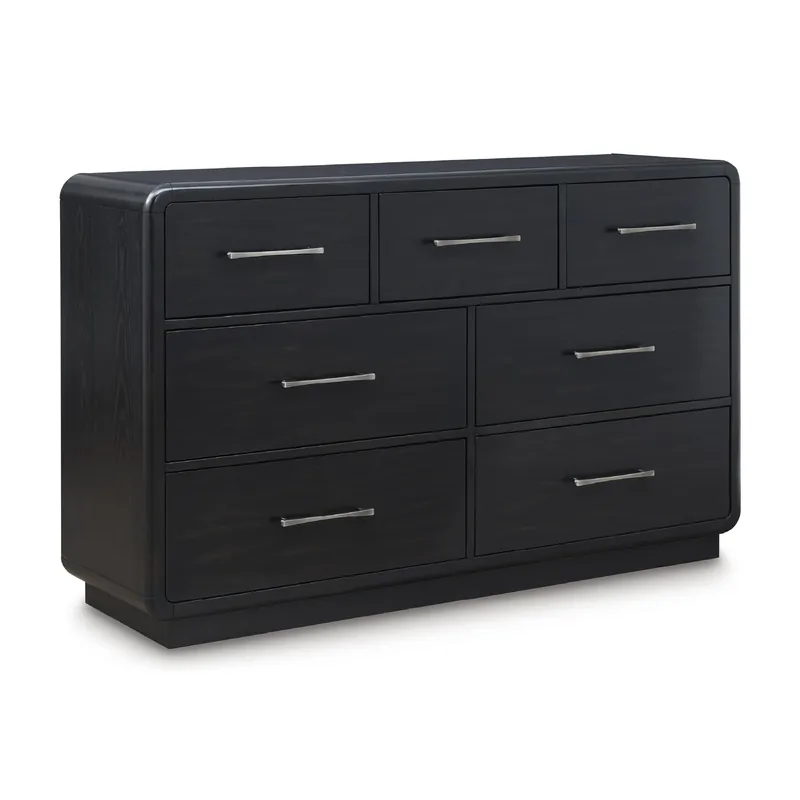 Signature Design by Ashley Rowanbeck Modern Seven-Drawer Dresser with Waterfall Edges, Nickel-Tone Hardware, Wood and Ash Veneer, Black Finish, 63.75‘ W