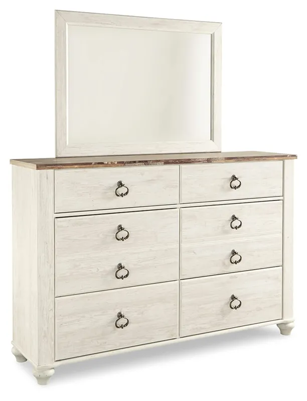 Signature Design by Ashley Willowton Vintage Smooth-Gliding 6-Drawer Dresser and Mirror with Safety Stop, Whitewash