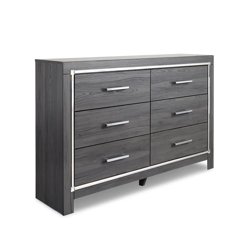 Signature Design by Ashley Lodanna Modern Glam 6 Drawer Dresser with Faceted Chrome Accents, Gray Wood Grain
