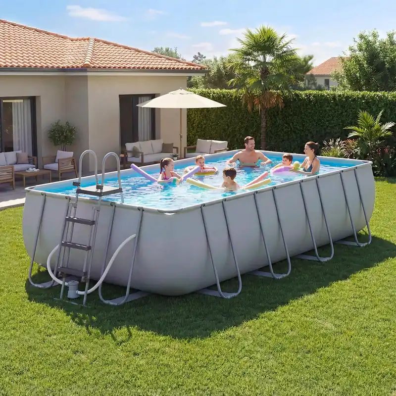 SunSwell 18‘ x 9‘ x 47" Rectangular Above Ground Pool Set with Removable Ladder and Filter Pump, Large Swimming Pool for Backyard, Gray