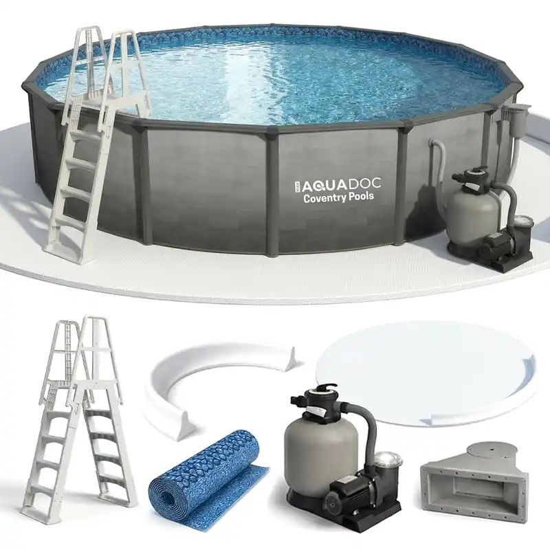 AquaDoc Coventry Round Steel Wall Above Ground Pool Kit 24‘ x 52" in Pewter Gray Finish with Sand Filter, Ladder, Skimmer, 25 Gauge Liner, Floor Pad and Cove Elite Package - Made in North America
