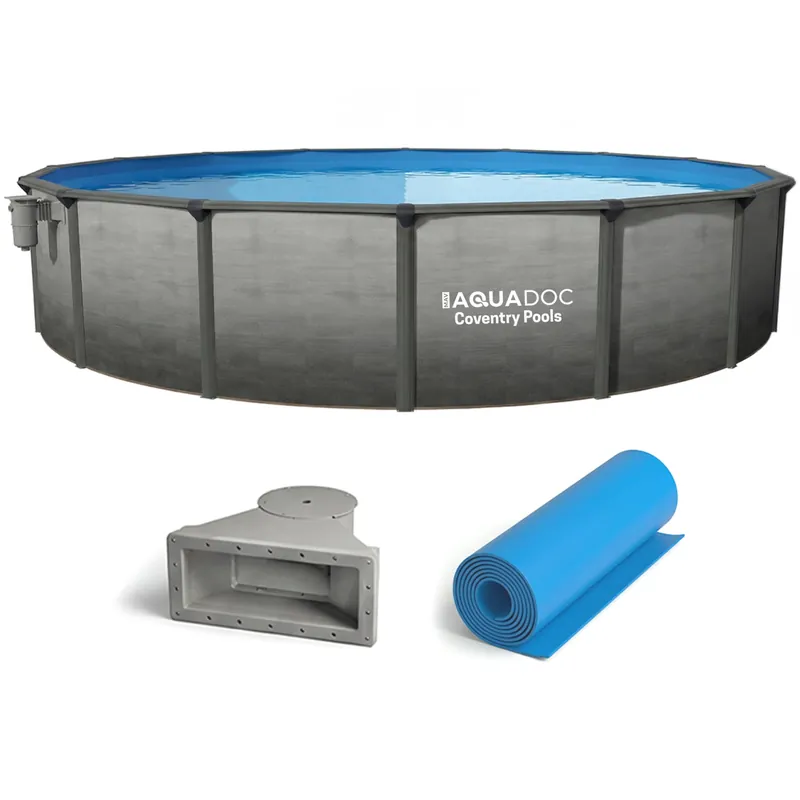AquaDoc Coventry Round Steel Wall Above Ground Pool Kit 27‘ x 52" in Pewter Gray Finish with Wide Mouth Skimmer and Solid Blue Overlap Liner Classic Package - Made in North America