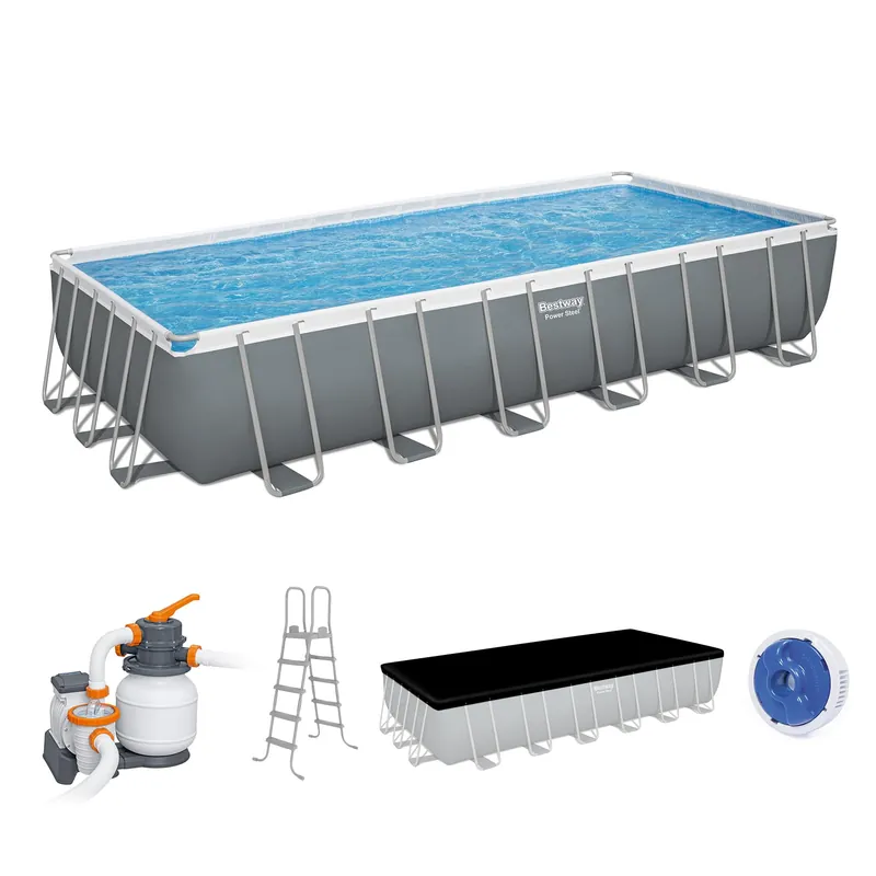 Bestway Power Steel 24’ x 12‘ x 52” Above Ground Pool, Rectangular Metal Frame Outdoor Swimming Pool Set with Sand Filter Pump, Ladder, and Cover