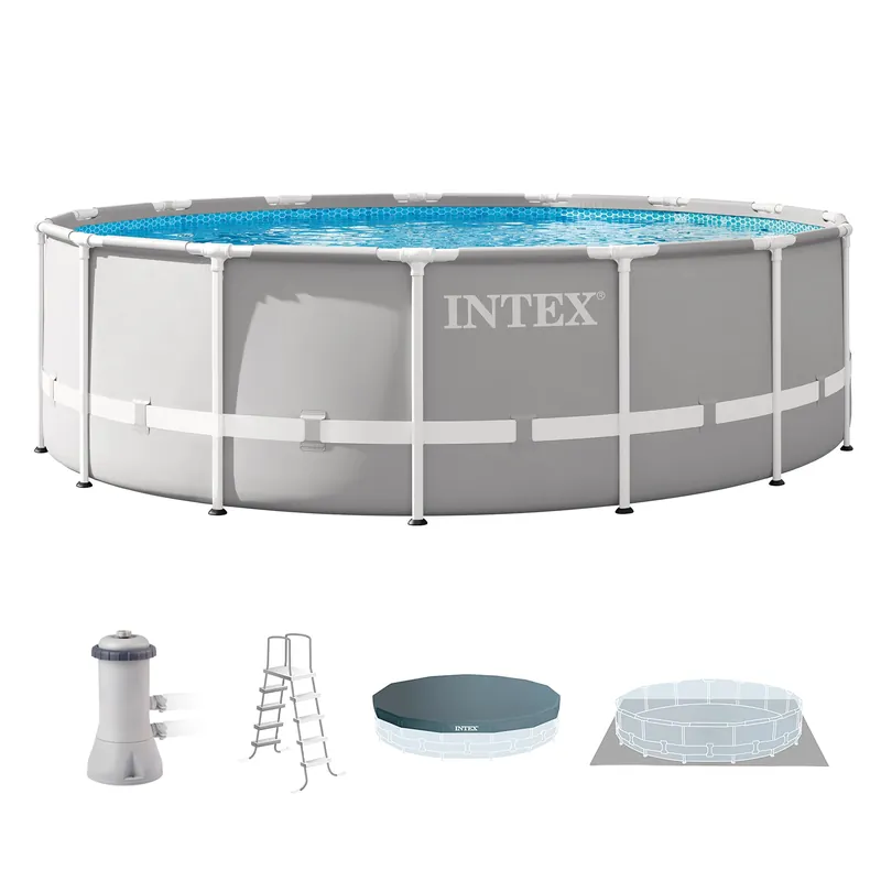 INTEX 26725EH Prism Frame Premium Above Ground Swimming Pool Set 15ft x 48in – Includes 1000 GPH Cartridge Filter Pump – Removable Ladder – Pool Cover – Ground Cloth