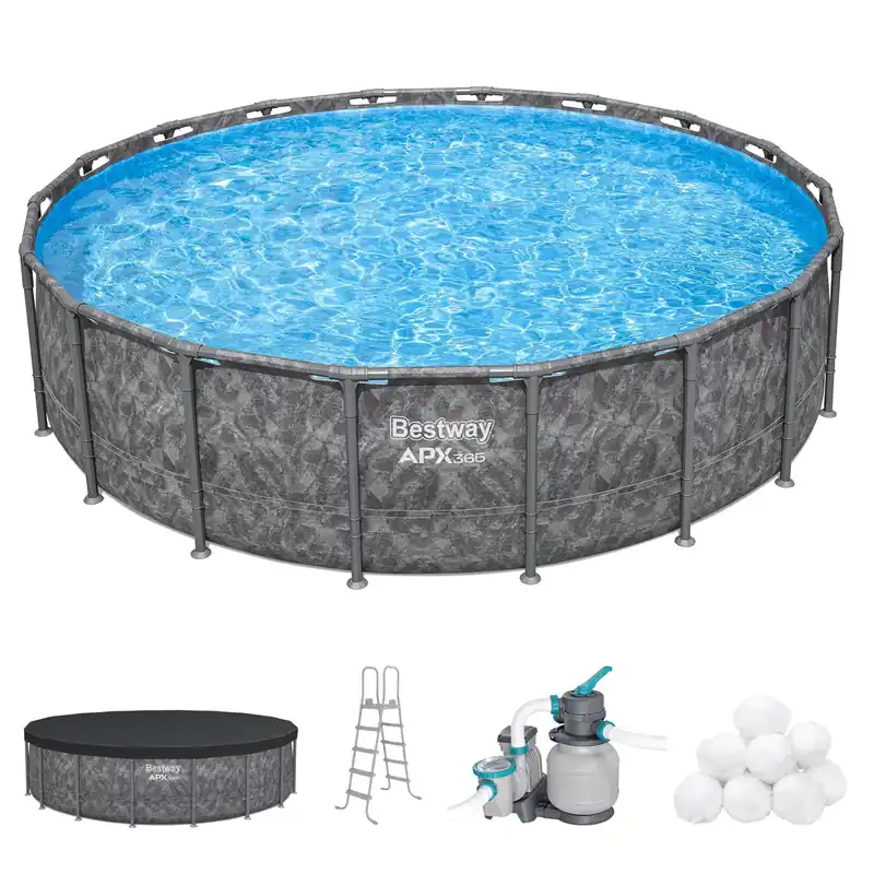 Bestway APX 365 18‘ x 52" Above Ground Pool, Round Metal Frame Outdoor Swimming Pool Set with Sand Filter Pump, Ladder, and Cover, Dark Marble